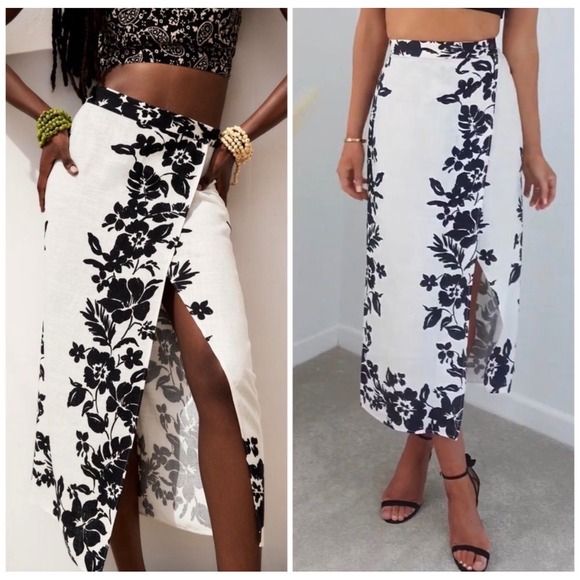 Zara Dresses & Skirts - NWT* Zara Ecru-Black Floral Print Midi Wrap Skirt Linen Blend White Black Large